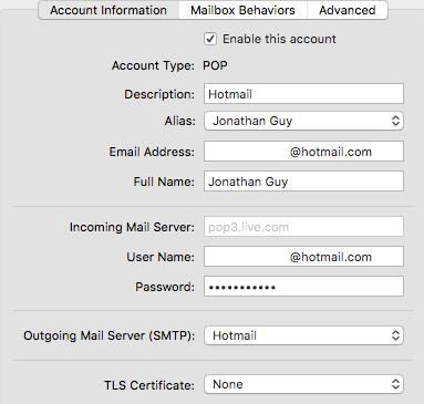 hotmail outgoing mail server mac