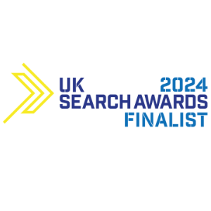 website formatted UK Search Awards 2024 finalist logo Aqueous Digital rising star award, best use of search, finance